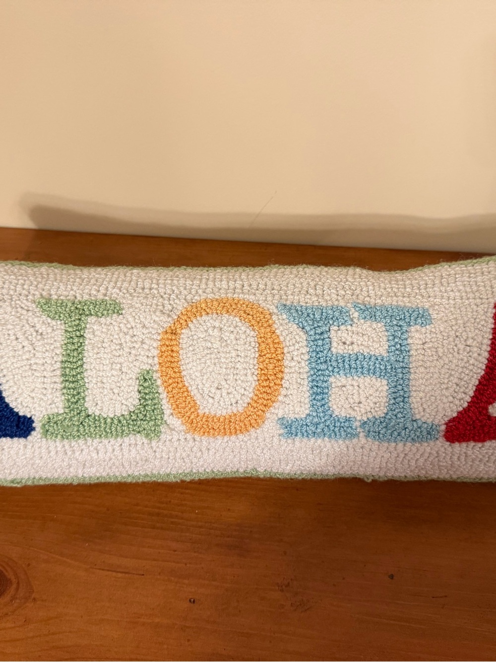 Aloha Hooked Lumbar Pillow - Multicolor Letters on Cream 22” x 8” - Picture 7 of 9